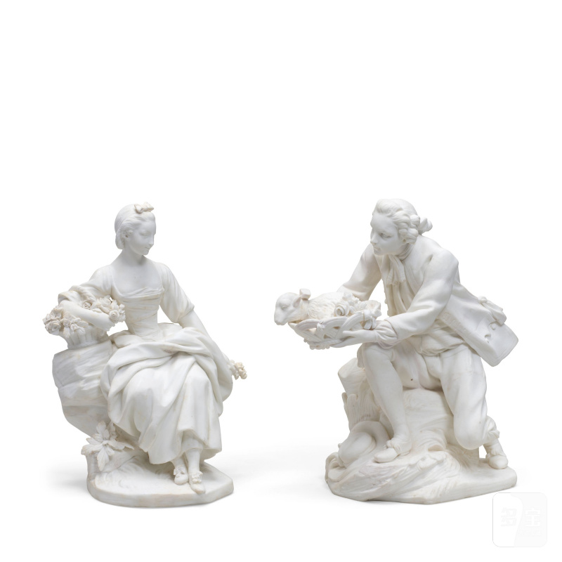 A pair of Sèvres biscuit groups of "La Bergère Assise" and "Le Porteur de Mouton", circa 1766-73